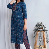 Exclusive Mirror Work Cotton Kurti & Pant - Blue, XL
