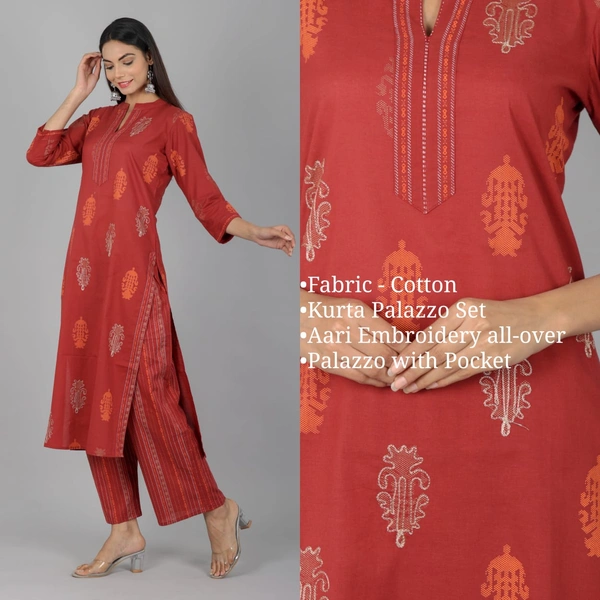 Embroidery work Cotton Kurti & Palazzo set - XXL, Black