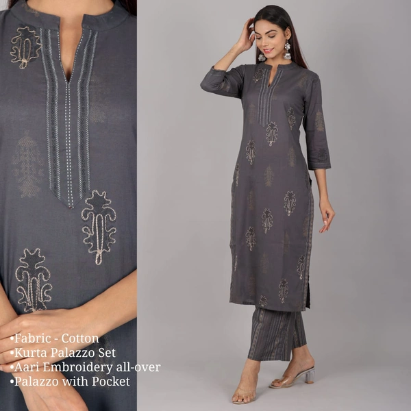 Embroidery work Cotton Kurti & Palazzo set - XXL, Black