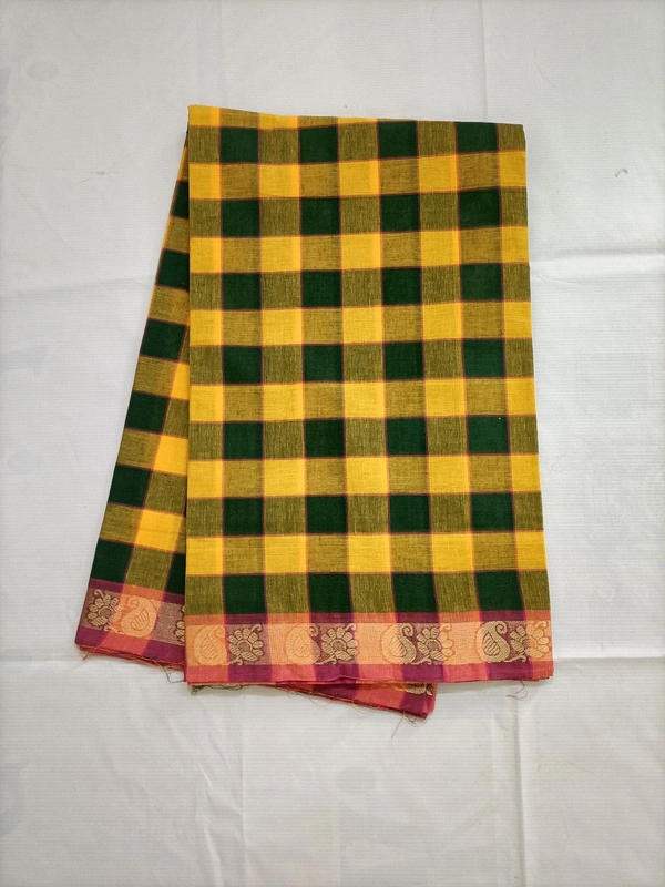Chettinad Cotton Handloom Saree - No, Yellow and Green, 6 yards
