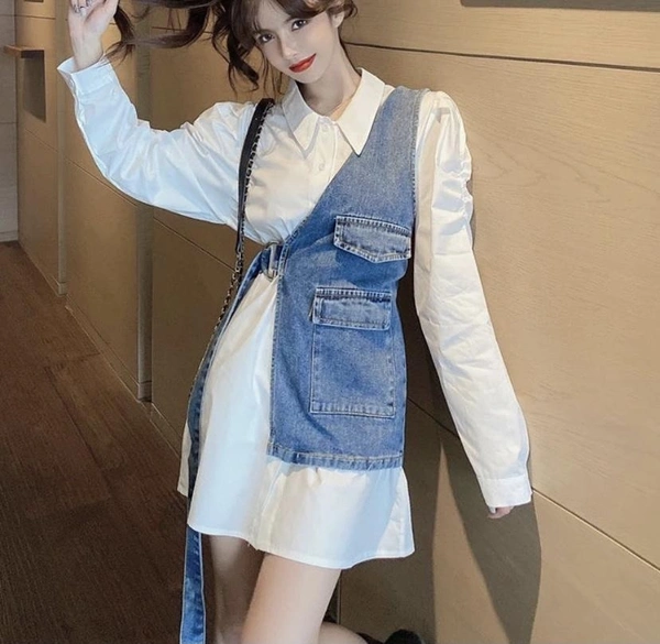 Half denim jacket midi by High-buy two piece set-free size (adjust with the tie option in jacket) dress - M (Bust Size: 34 in, Length Size: 30 in) 