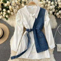 Half denim jacket midi by High-buy two piece set-free size (adjust with the tie option in jacket) dress - M (Bust Size: 34 in, Length Size: 30 in) 