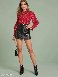 Polka Dot Ruffle Trim Shirred Cuff Blouse - Crepe, L