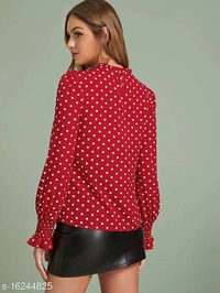 Polka Dot Ruffle Trim Shirred Cuff Blouse - Crepe, L