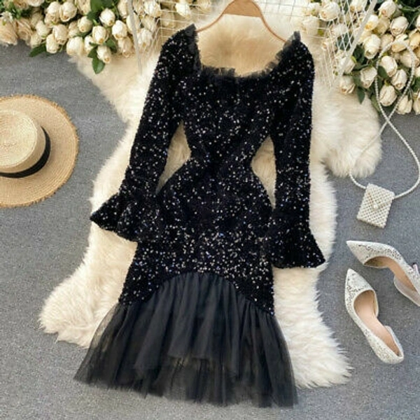 Dress Shiny Sequins Mesh Patchwork Bodycon Party Club Glitter Sexy - velvet, M (Bust Size - 38 in , Length Size - 46 in)
