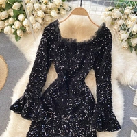 Dress Shiny Sequins Mesh Patchwork Bodycon Party Club Glitter Sexy - velvet, XL (Bust Size - 42 in , Length Size - 46 in)