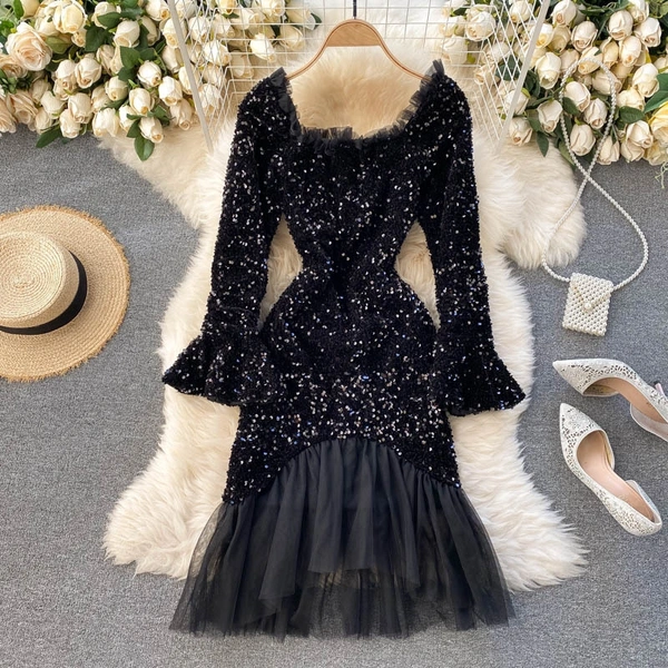 Dress Shiny Sequins Mesh Patchwork Bodycon Party Club Glitter Sexy - velvet, XXL (Bust Size - 44 in , Length Size - 46 in)