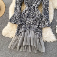 Dress Shiny Sequins Mesh Patchwork Bodycon Party Club Glitter Sexy - velvet, M (Bust Size - 38 in , Length Size - 46 in)