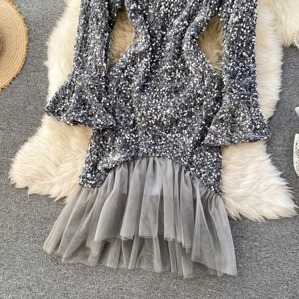 Dress Shiny Sequins Mesh Patchwork Bodycon Party Club Glitter Sexy - velvet, M (Bust Size - 38 in , Length Size - 46 in)