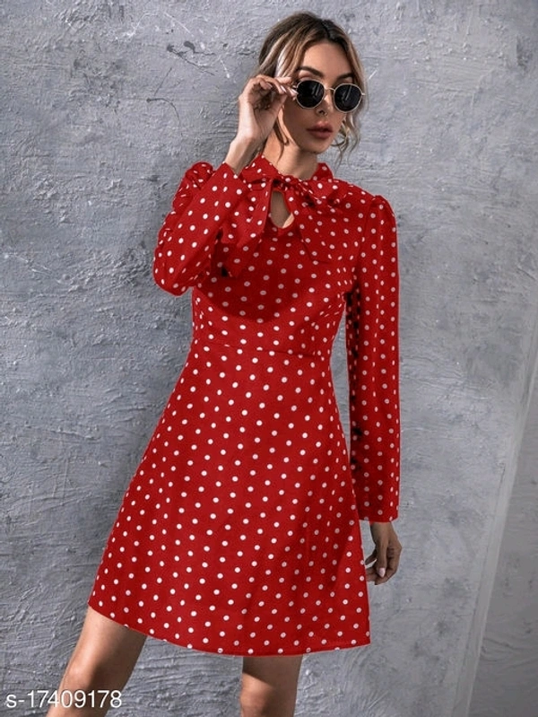 Polka Dot Print Tie Neck Puff Sleeve Dress - poly crepe, XS