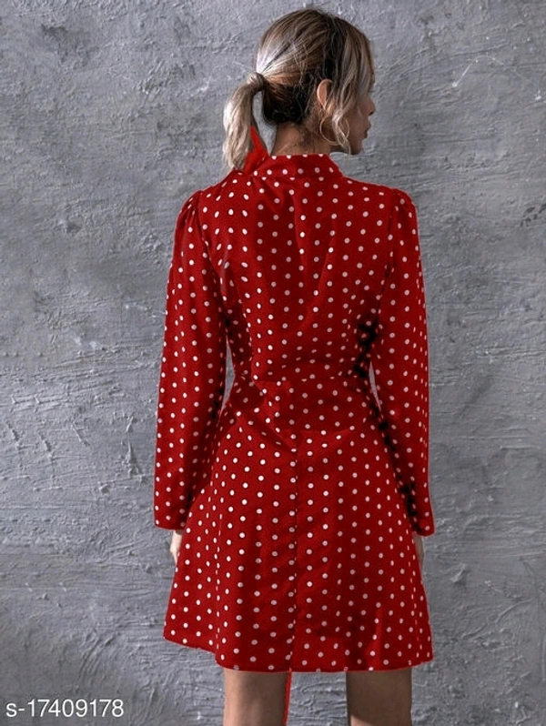 Polka Dot Print Tie Neck Puff Sleeve Dress - poly crepe, XS