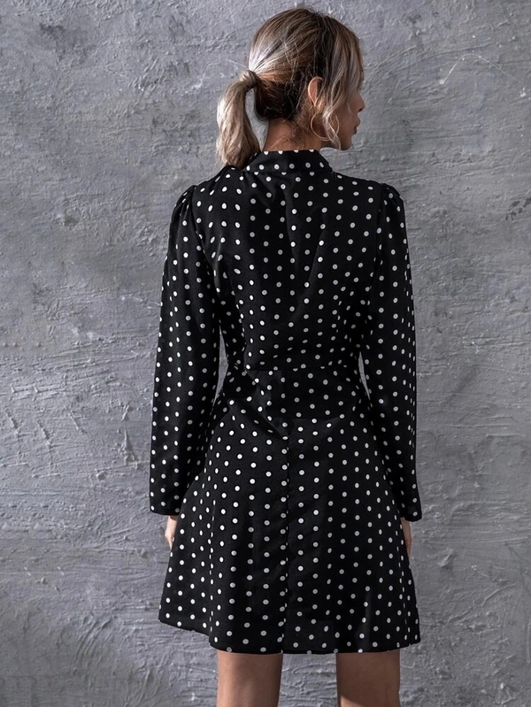 Polka Dot Print Tie Neck Puff Sleeve Dress - poly crepe, XL
