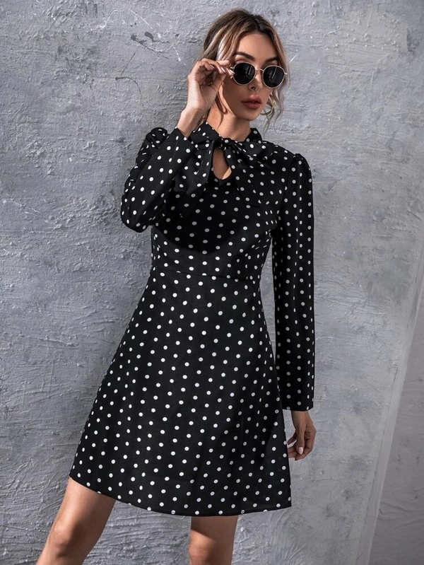 Polka Dot Print Tie Neck Puff Sleeve Dress - poly crepe, L