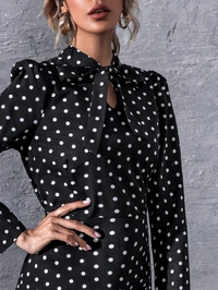 Polka Dot Print Tie Neck Puff Sleeve Dress - poly crepe, L