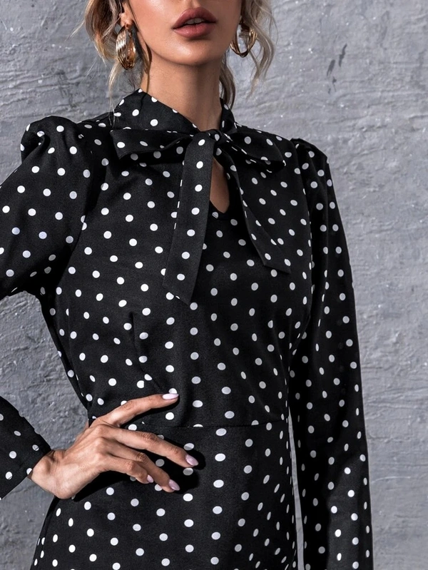 Polka Dot Print Tie Neck Puff Sleeve Dress - poly crepe, L