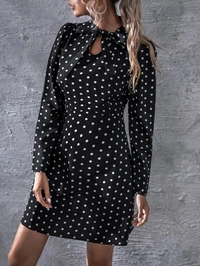 Polka Dot Print Tie Neck Puff Sleeve Dress - poly crepe, L
