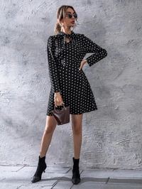 Polka Dot Print Tie Neck Puff Sleeve Dress - poly crepe, L