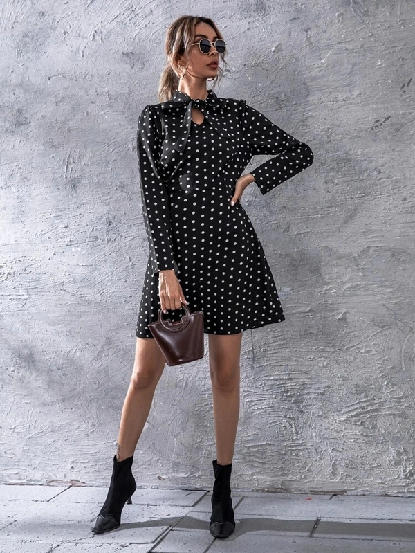 Polka Dot Print Tie Neck Puff Sleeve Dress - poly crepe, L