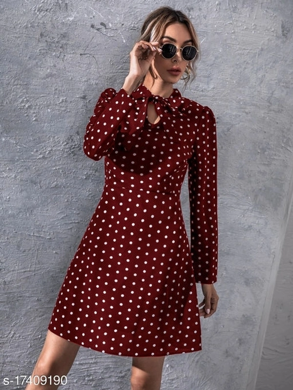 Polka Dot Print Tie Neck Puff Sleeve Dress - poly crepe, XL