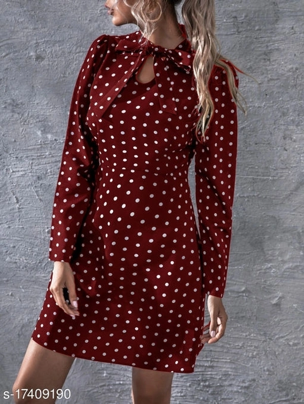 Polka Dot Print Tie Neck Puff Sleeve Dress - poly crepe, XL