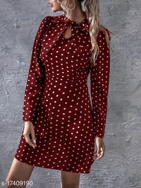 Polka Dot Print Tie Neck Puff Sleeve Dress - Poly crepe, S