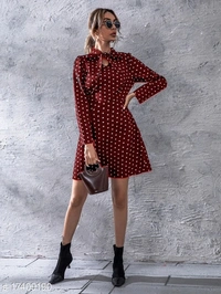 Polka Dot Print Tie Neck Puff Sleeve Dress - Poly crepe, S
