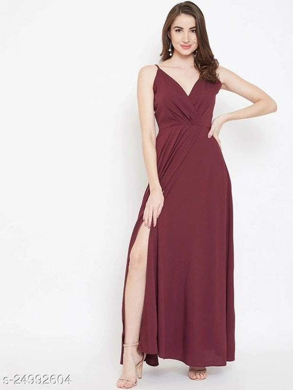 V-neck Gown Dress with Slit - poly crepe, XXL (Bust Size: 44 in, Length Size: 54 in) 