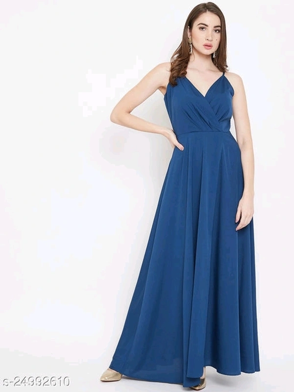 V-neck Gown Dress with Slit - poly crepe, S (Bust Size: 36 in, Length Size: 54 in) 