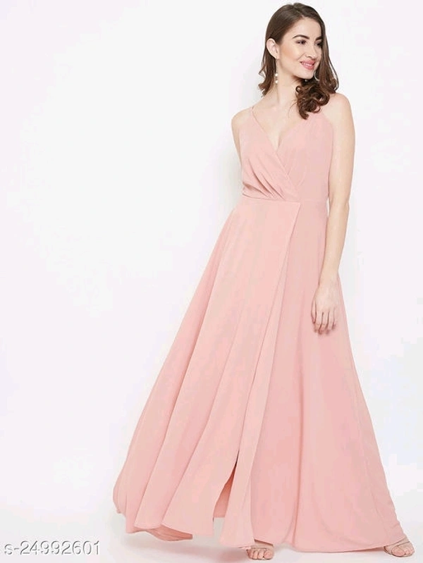 V-neck Gown Dress with Slit - poly crepe, XXL (Bust Size: 44 in, Length Size: 54 in) 