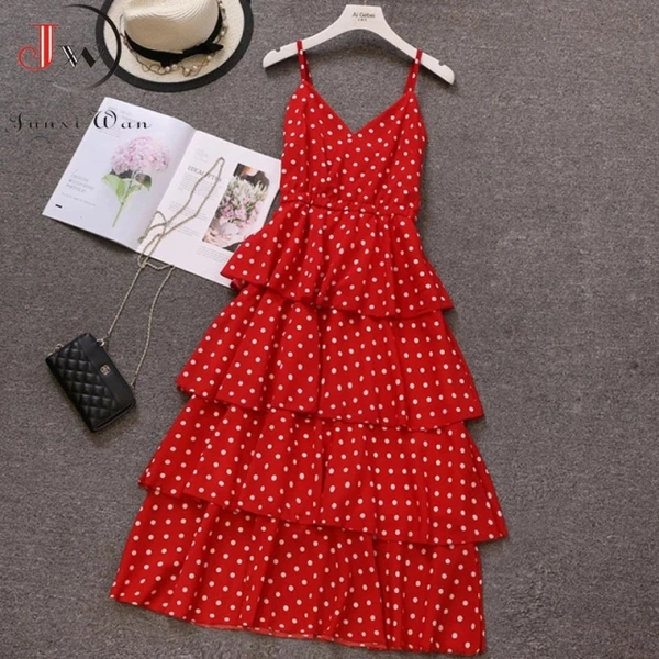 V Neck Spaghetti Polka Dot Dress - crepe, XL (Bust Size: 42 in, Length Size: 52 in) 