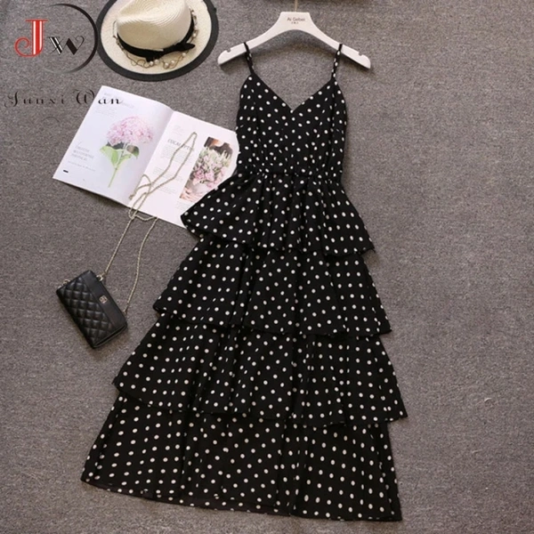 V Neck Spaghetti Polka Dot Dress - crepe, S (Bust Size: 36 in, Length Size: 52 in) 