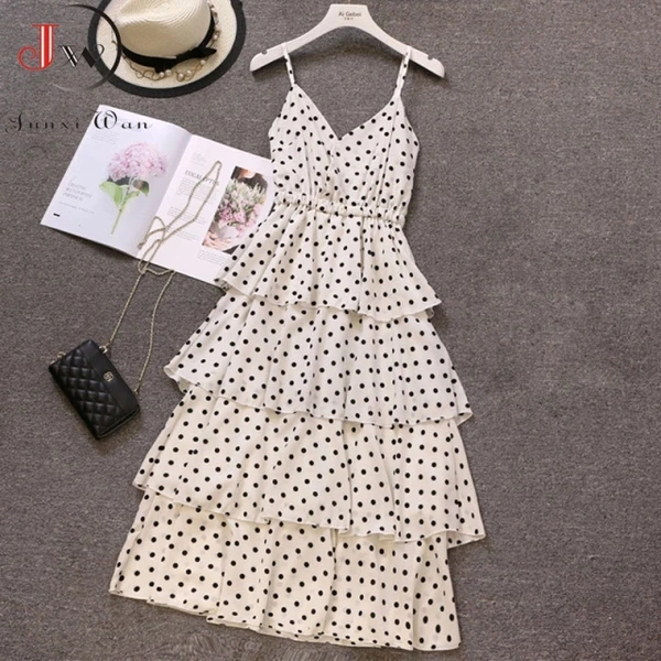 V Neck Spaghetti Polka Dot Dress - crepe, M (Bust Size: 38 in, Length Size: 52 in)