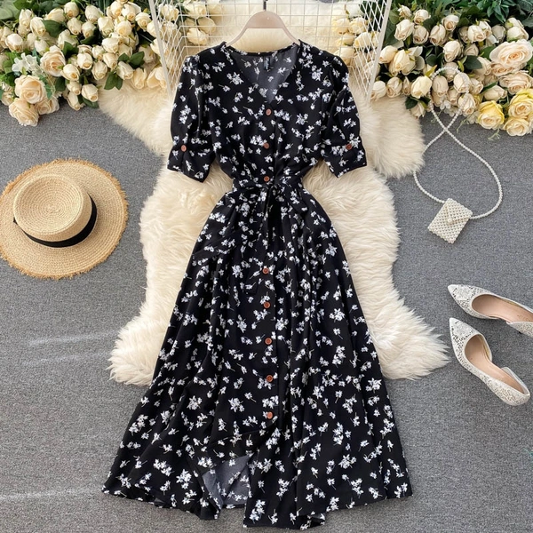 Floral Midi Dress - Rayon, M (Bust Size: 38 in, Length Size: 44 in) 