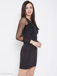 Mesh Sleeves Bodycon Dress - Viscose, XS (Bust Size: 32 in, Length Size: 34 in) 