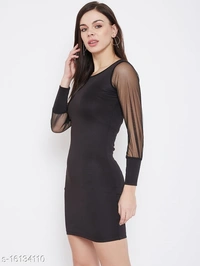 Mesh Sleeves Bodycon Dress - Viscose, L (Bust Size: 38 in, Length Size: 34 in) 