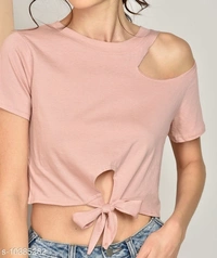 Crew-Neck T-shirt with Cutout  - cotton, L (Bust Size: 40 in) 