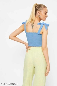  Frill Trim Shirred Top - crepe, M (Bust Size: 35 in, Length Size: 14 in) 