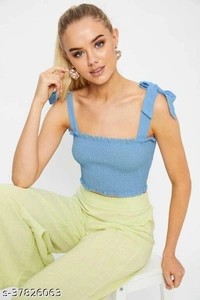  Frill Trim Shirred Top - crepe, L (Bust Size: 37 in, Length Size: 14 in) 