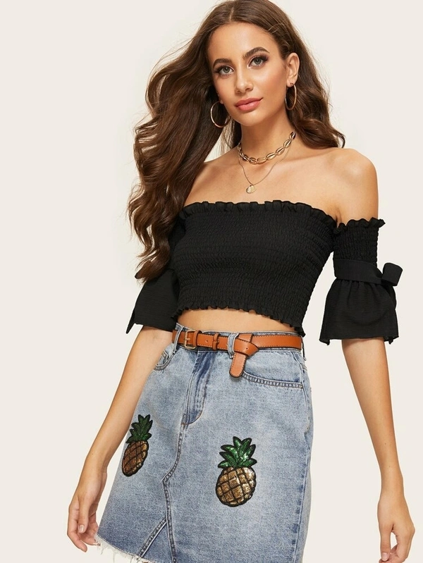 Smocked Off-The-Shoulder Crop Top - Rayon, XS