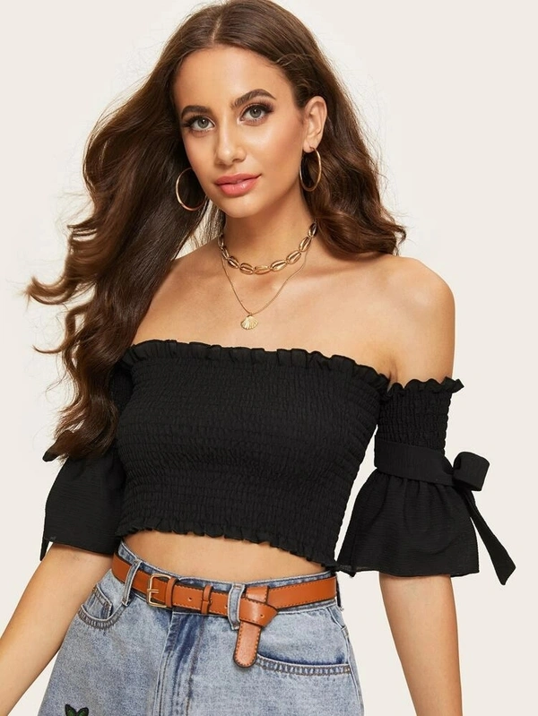 Smocked Off-The-Shoulder Crop Top - Rayon, S