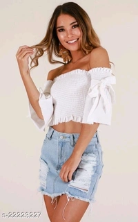Smocked Off-The-Shoulder Crop Top - Rayon, L