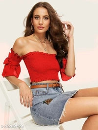 Smocked Off-The-Shoulder Crop Top - Rayon, M