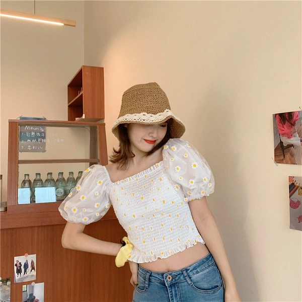 Floral Print Smocked Top - cotton silk, S