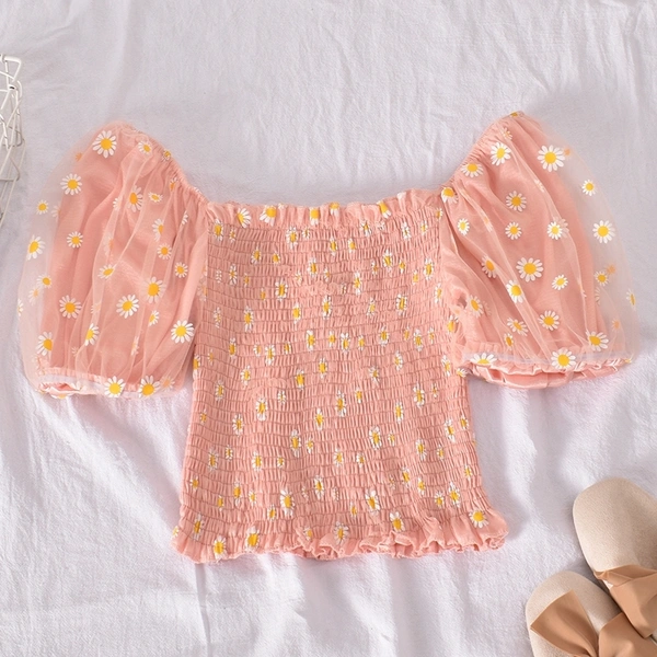 Floral Print Smocked Top - cotton silk, XS