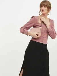 Square Neck Front Button Top - polyester, XS (Bust Size: 33 in, Length Size: 19 in) 