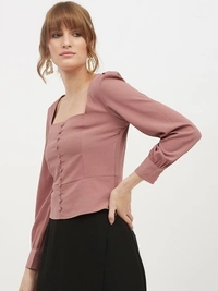 Square Neck Front Button Top - polyester, XS (Bust Size: 33 in, Length Size: 19 in) 