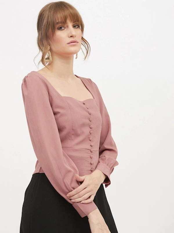 Square Neck Front Button Top - polyester, L (Bust Size: 38 in, Length Size: 22 in) 
