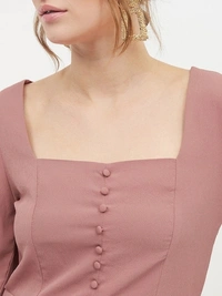 Square Neck Front Button Top - polyester, L (Bust Size: 38 in, Length Size: 22 in) 