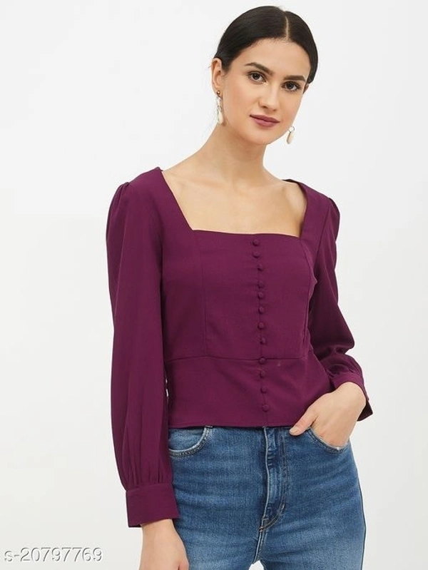 Square Neck Front Button Top - polyester, M (Bust Size: 36 in, Length Size: 21 in) 