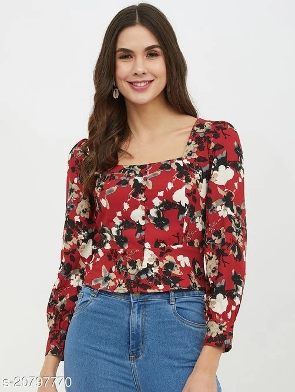 Square Neck Floral Print Front Button Top - polyester, M (Bust Size: 36 in, Length Size: 21 in) 